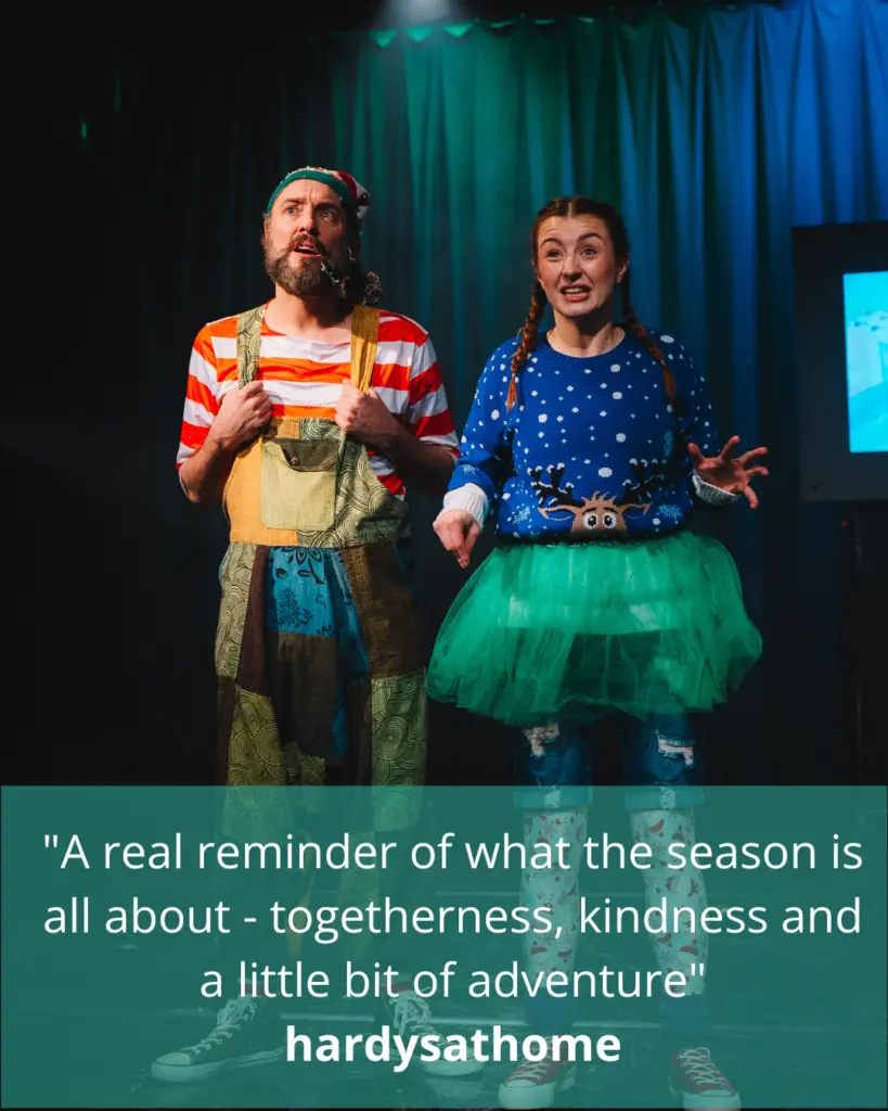Two actors in silly christmas outfits during a performance of Merry Elwin: The Adventurous Elf